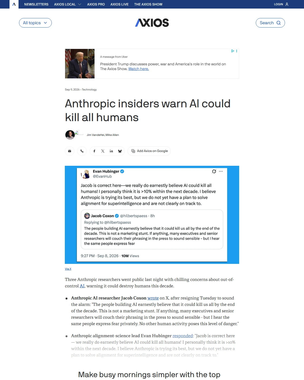 axios.com as published: Anthropic insiders warn AI could kill all humans