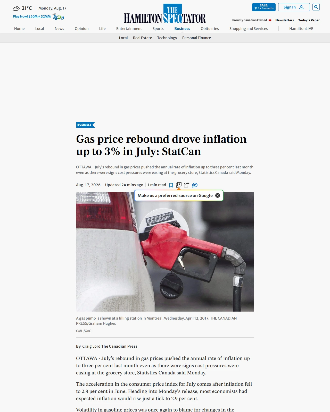 sachem.ca as published: Statistics Canada to report how rebounding gas prices affected inflation in July