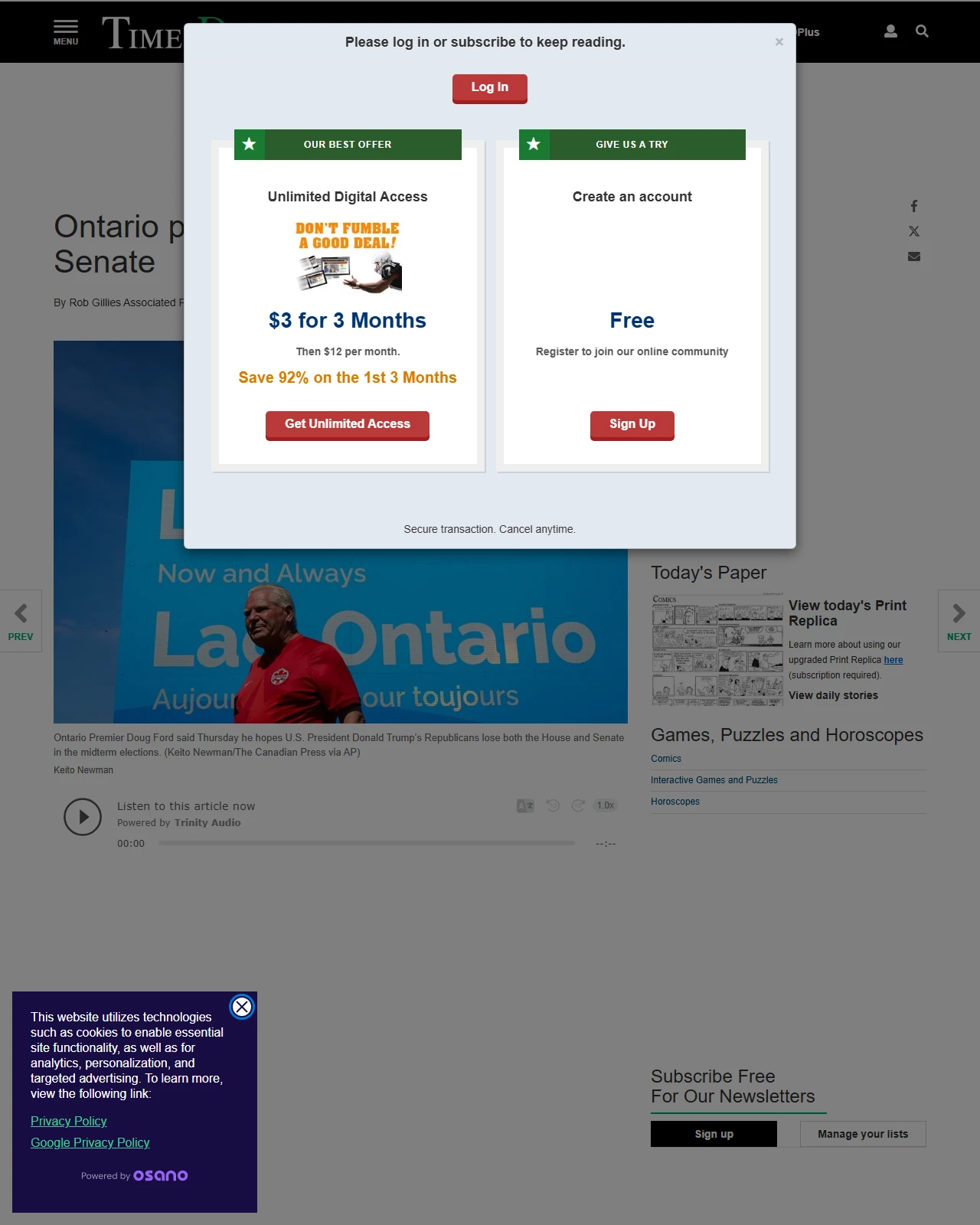 timesdaily.com as published: Ontario premier hopes Republicans lose House and Senate