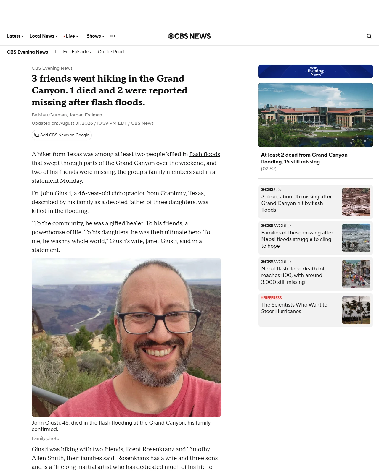 cbsnews.com as published: 3 friends went hiking in the Grand Canyon. 1 died, 2 were reported missing.