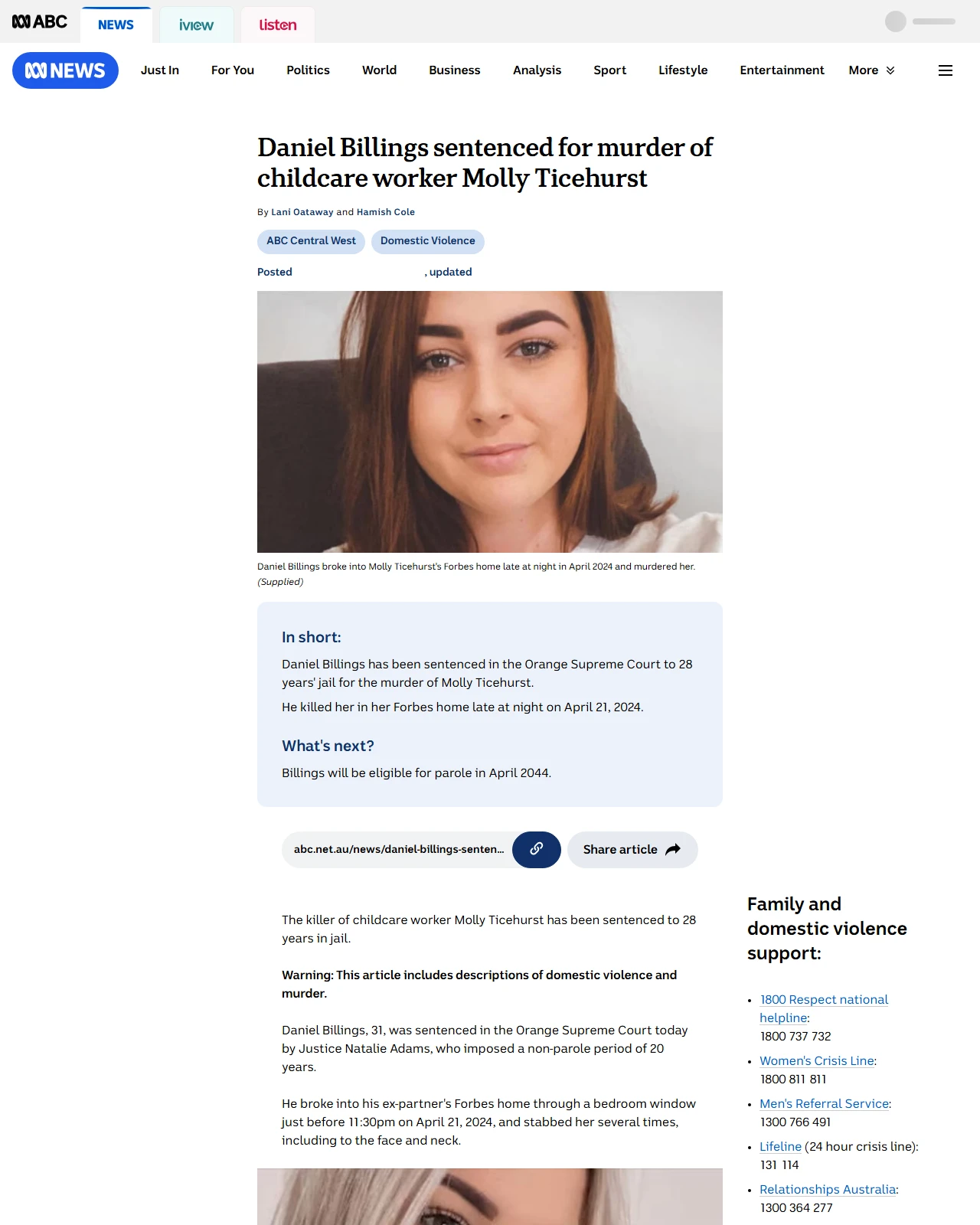 abc.net.au as published: Molly Ticehurst's killer sentenced for 'absolutely terrifying' murder - ABC News & Headlines – Australian Broadcasting Corporation