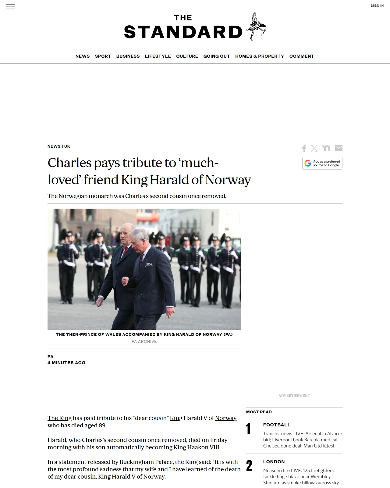 standard.co.uk as published: Charles pays tribute to ‘much-loved’ friend King Harald of Norway