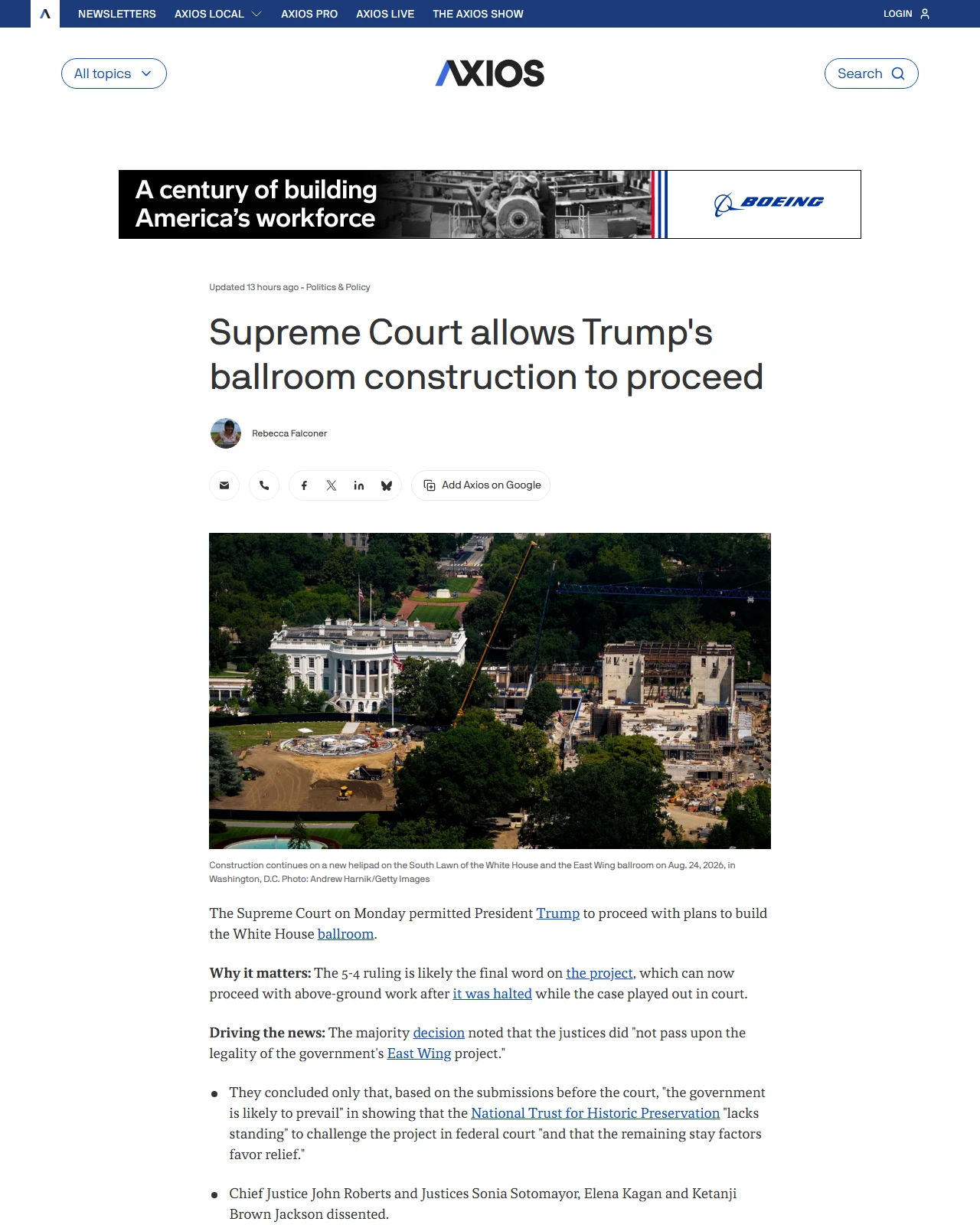 axios.com as published: Supreme Court allows Trump's ballroom construction to proceed