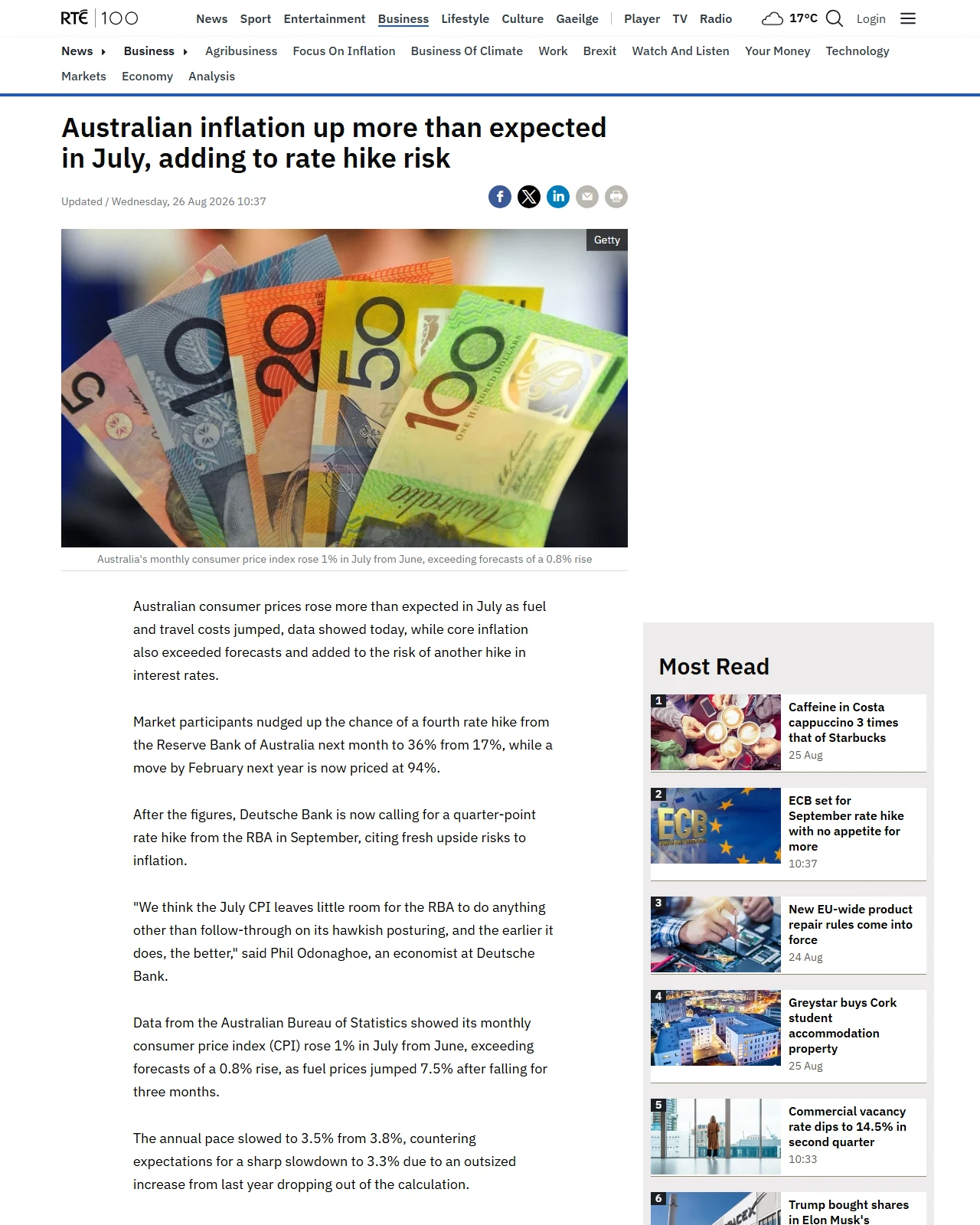 rte.ie as published: Australian inflation up more than expected in July, adding to rate hike risk