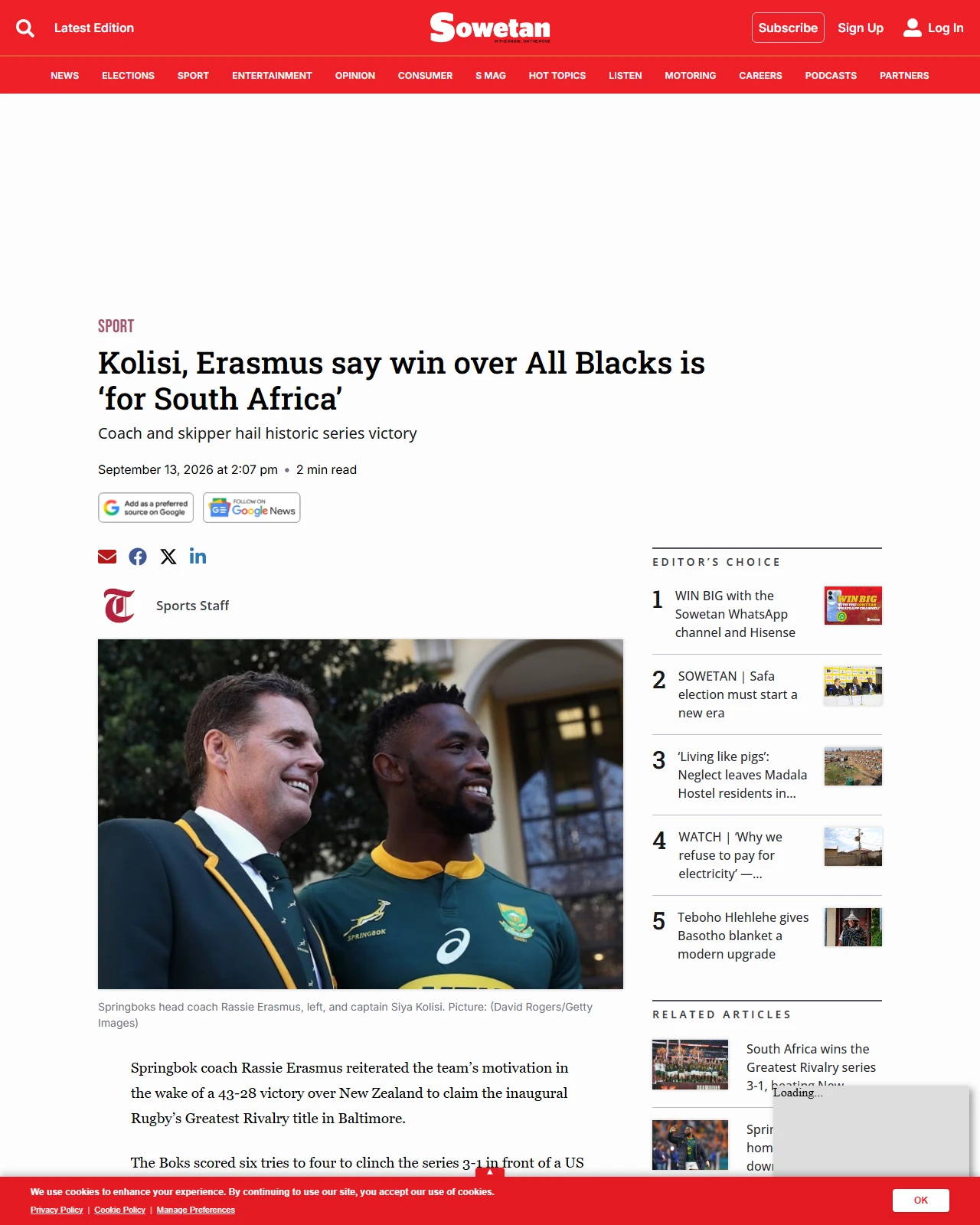 sowetan.co.za as published: Kolisi, Erasmus say win over All Blacks is ‘for South Africa’