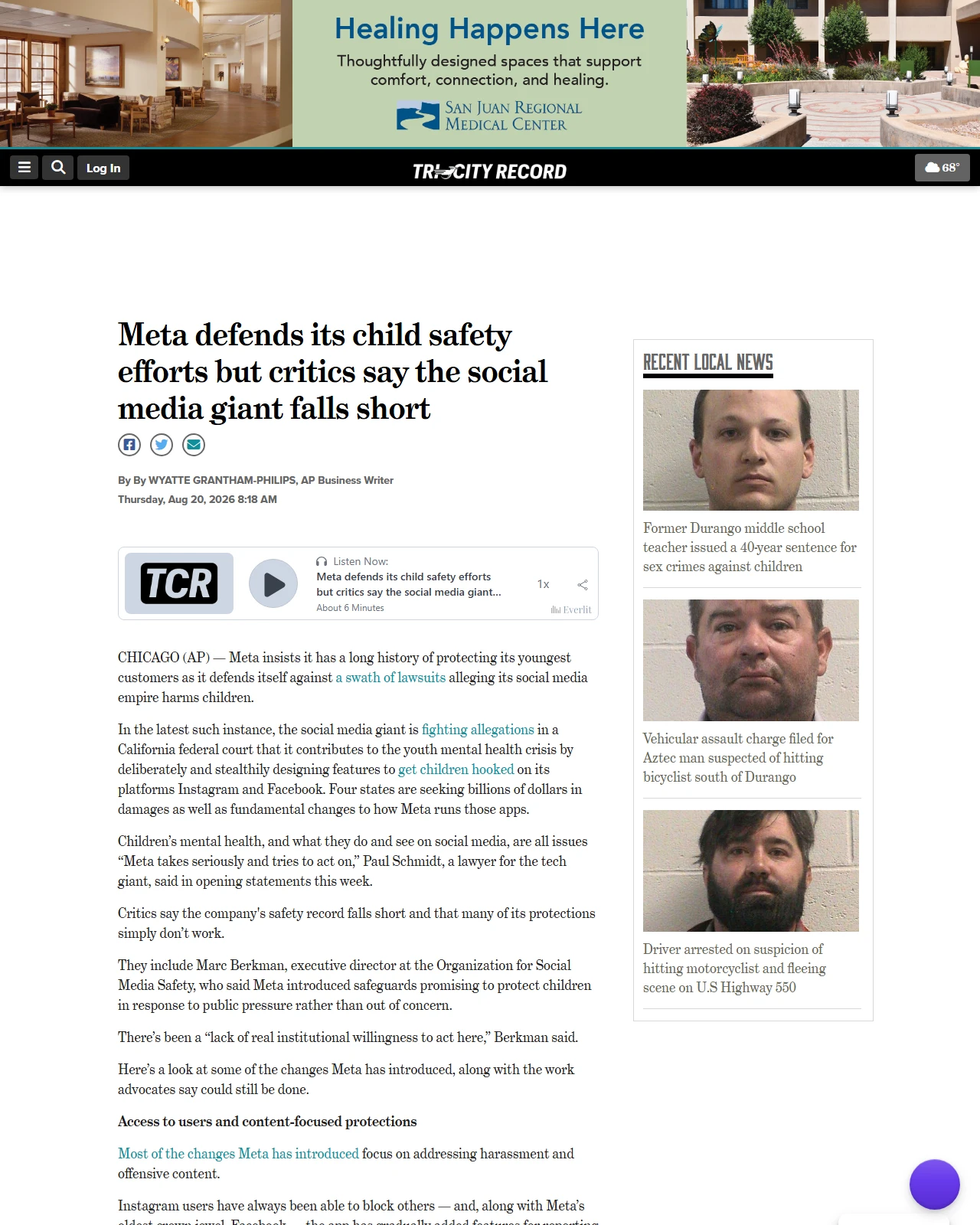 tricityrecordnm.com as published: Meta defends its child safety efforts but critics say the social media giant falls short - The Tri-City Record