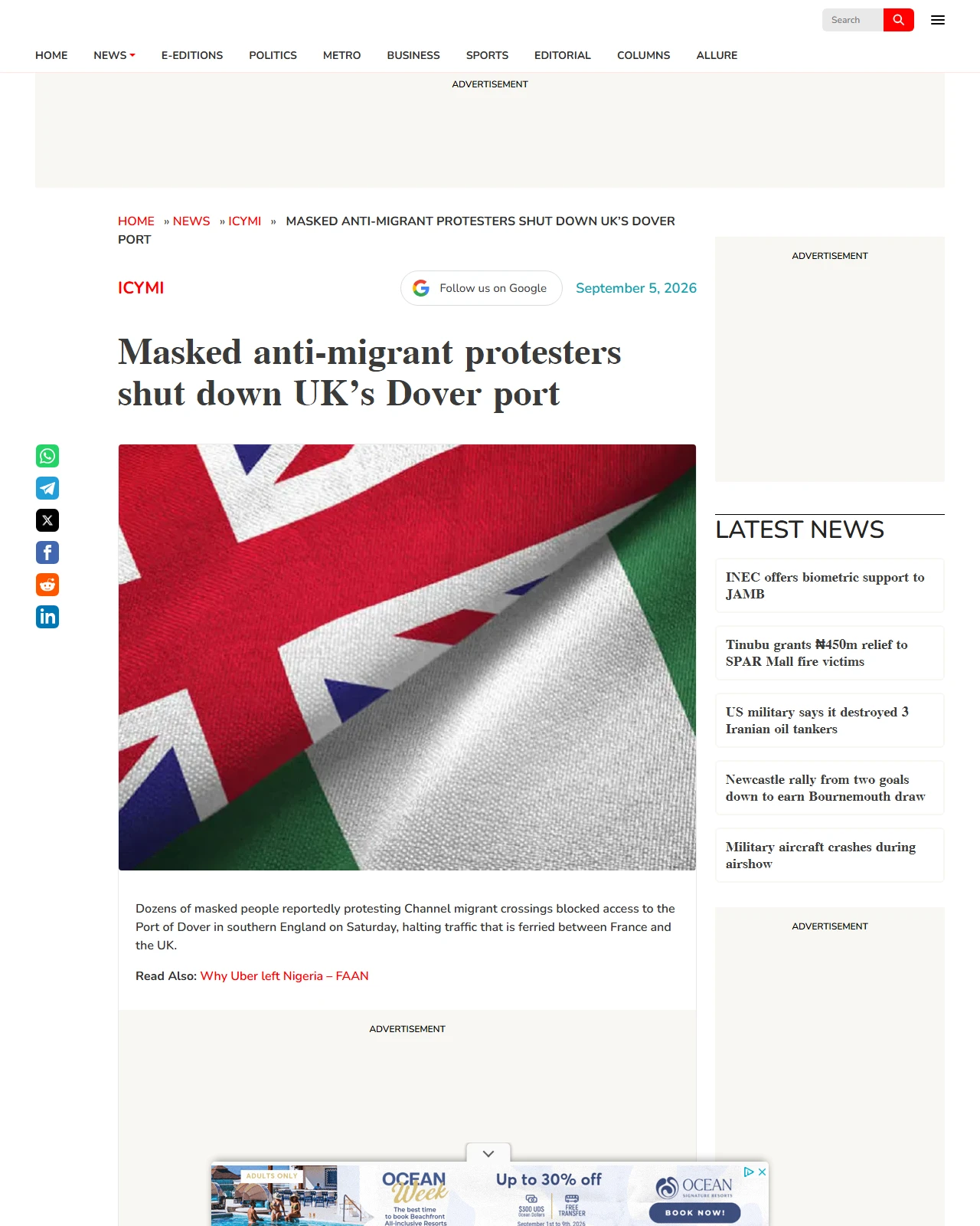 vanguardngr.com as published: Masked anti-migrant protesters shut down UK’s Dover port