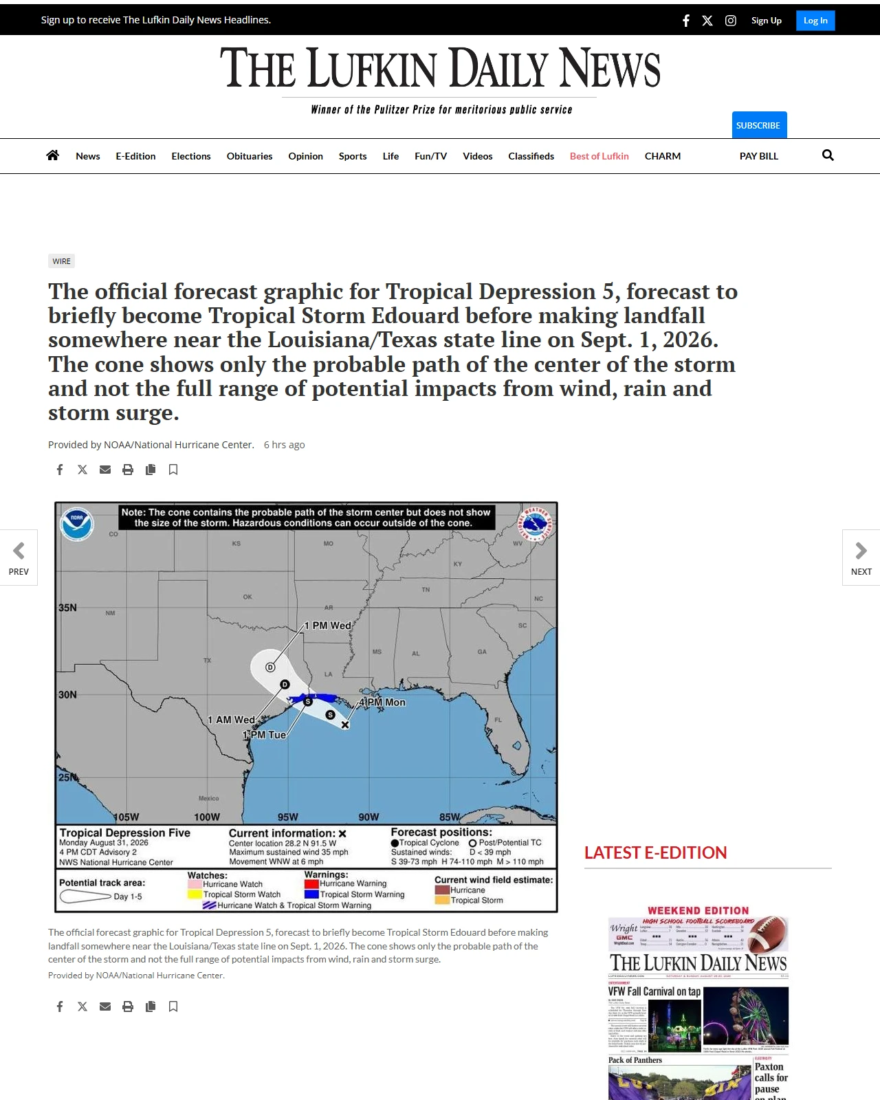 lufkindailynews.com as published: The official forecast graphic for Tropical Depression 5, forecast to briefly become Tropical Storm Edouard before making landfall somewhere near the Louisiana/Texas state line on Sept. 1, 2026. The cone shows only the probable path of the center of the storm