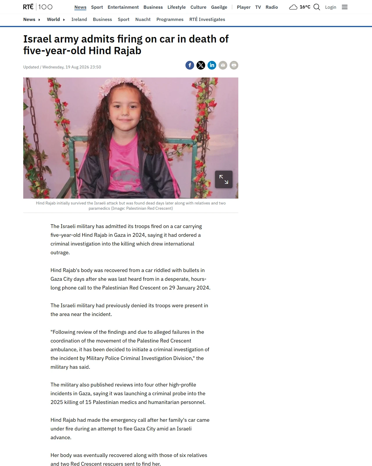 rte.ie as published: Israel army admits firing on car in death of Hind Rajab