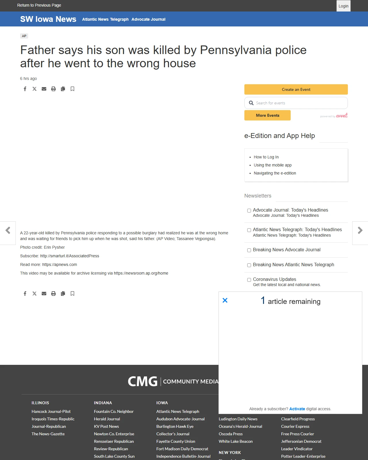 swiowanewssource.com as published: Father says his son was killed by Pennsylvania police after he went to the wrong house