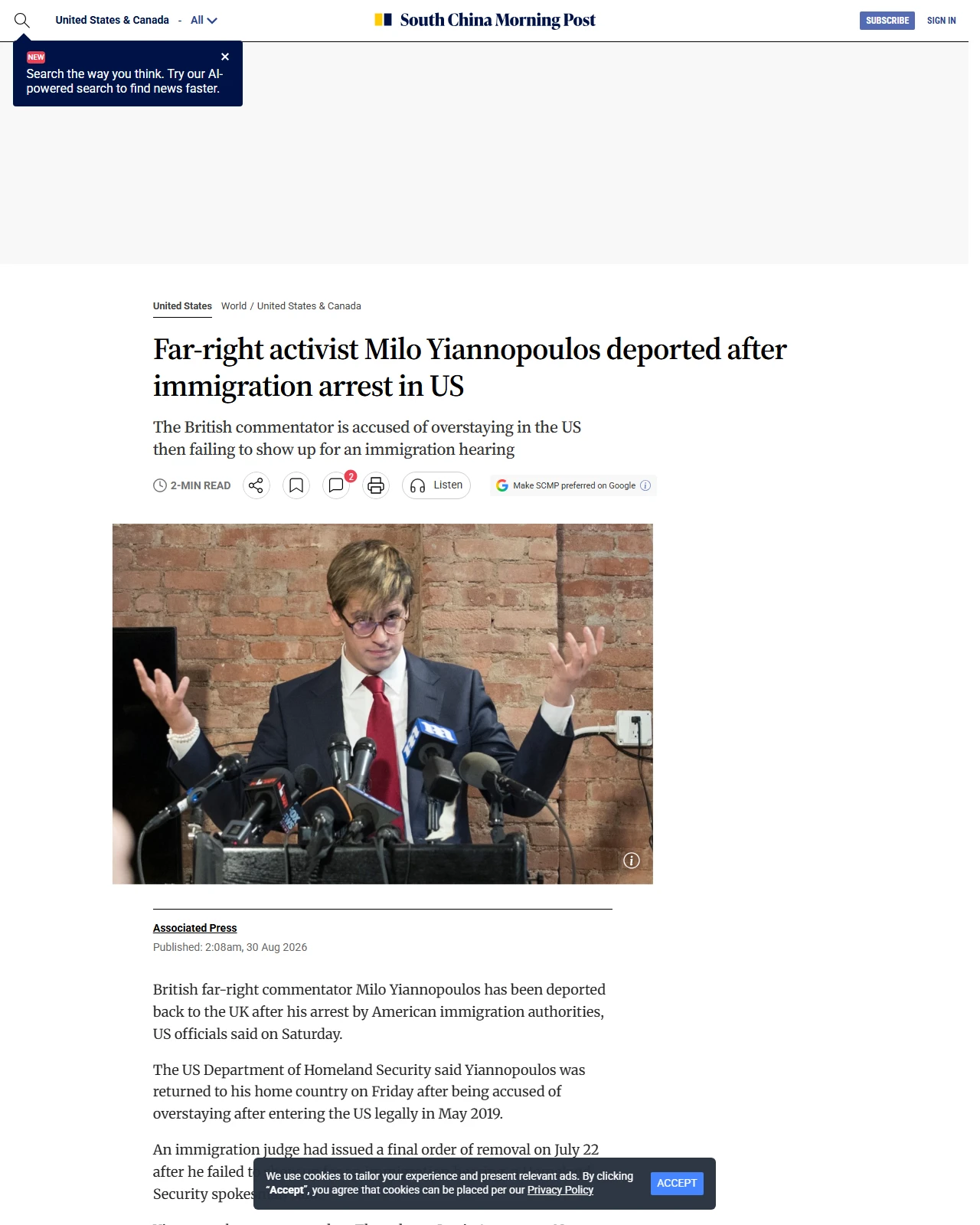 scmp.com as published: Far-right activist Milo Yiannopoulos deported after immigration arrest in US