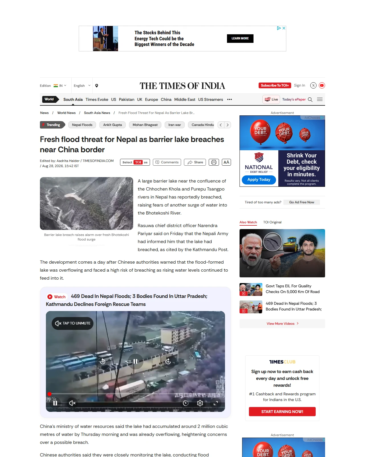 timesofindia.indiatimes.com as published: Fresh flood threat for Nepal as barrier lake breaches near China border