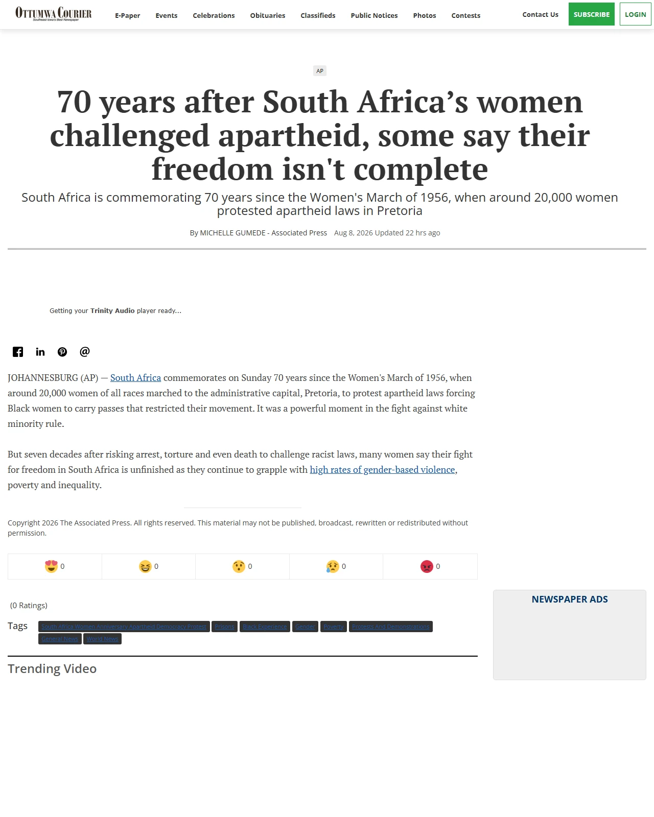 ottumwacourier.com as published: 70 years after South Africa’s women challenged apartheid, some say their freedom isn't complete