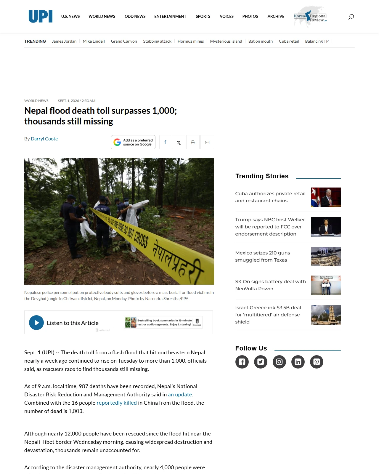 upi.com as published: Nepal flood death toll surpasses 1,000; thousands still missing
