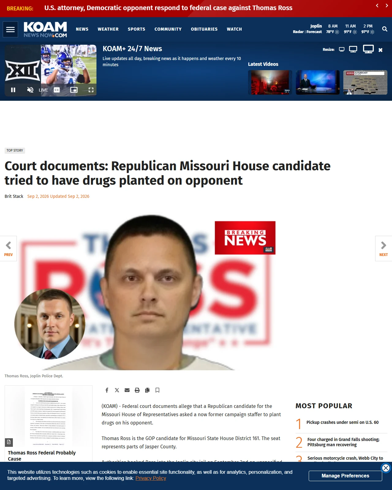 koamnewsnow.com as published: Court documents: Republican Missouri House candidate tried to have drugs planted on opponent