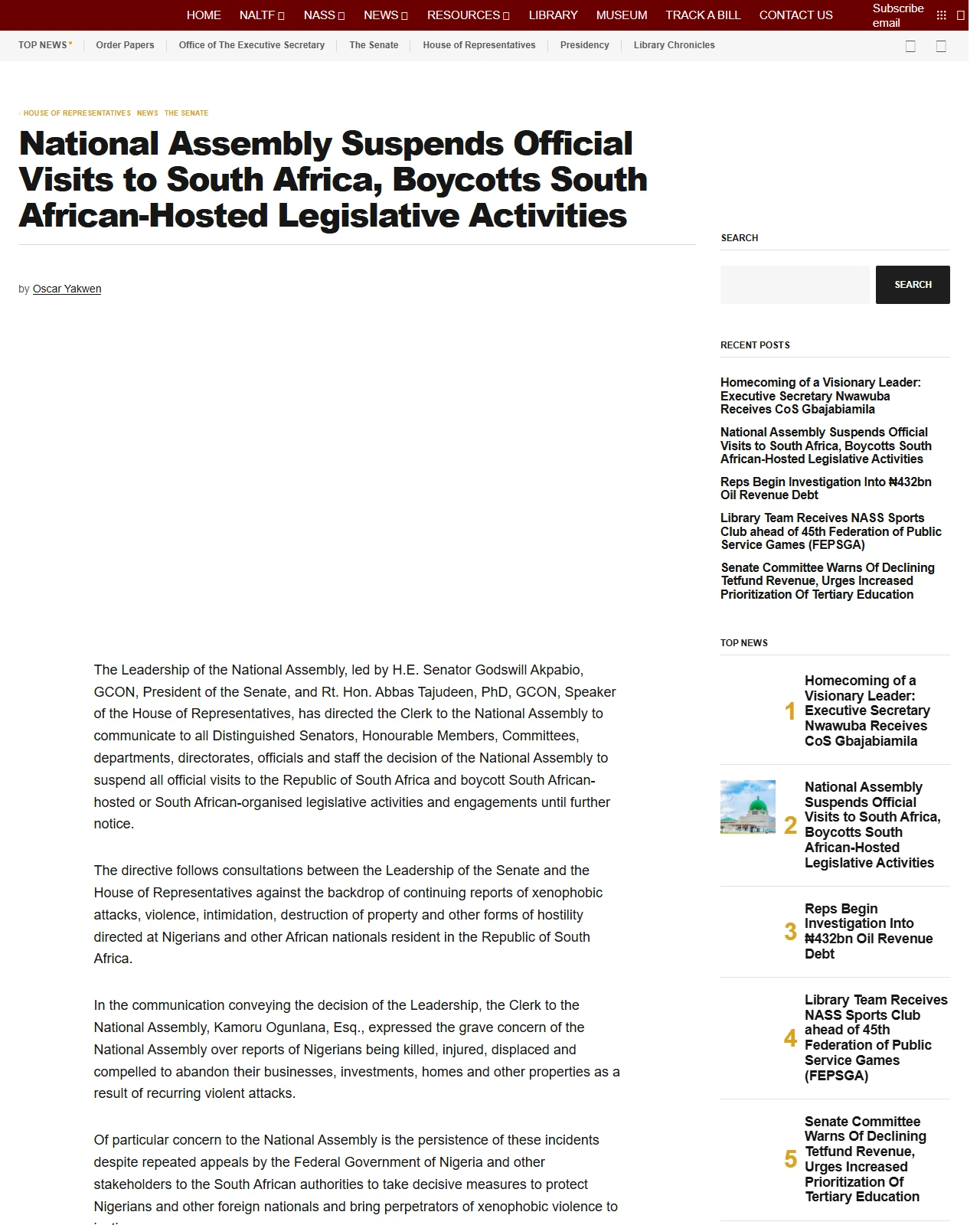 naltf.gov.ng as published: National Assembly Suspends Official Visits to South Africa, Boycotts South African-Hosted Legislative Activities