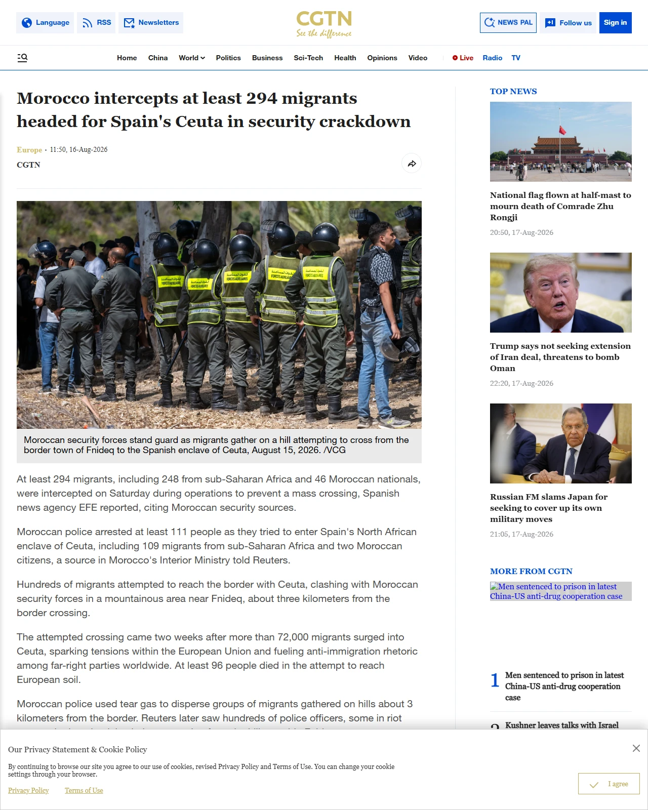 news.cgtn.com as published: Morocco intercepts at least 294 migrants headed for Spain's Ceuta in security crackdown