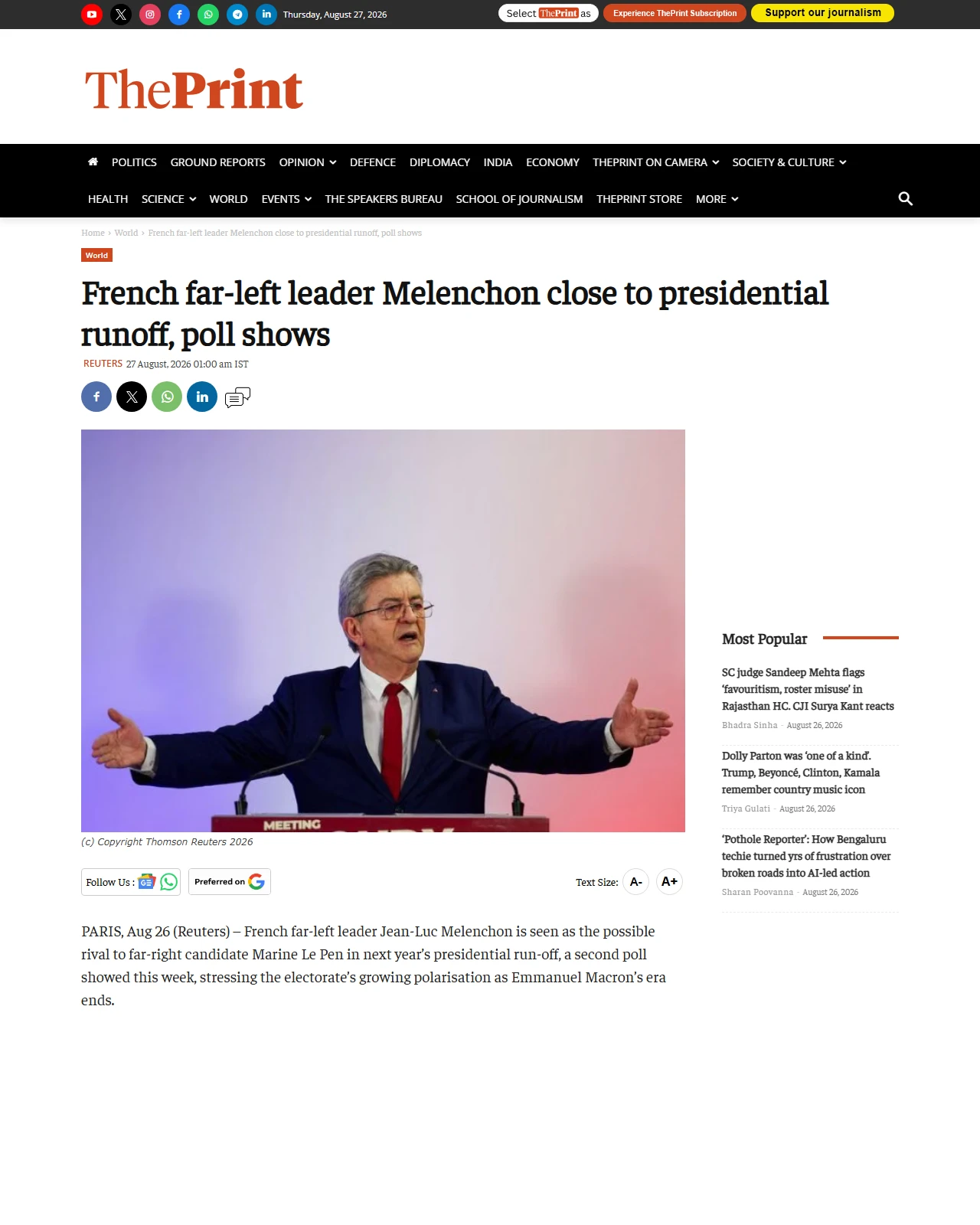 theprint.in as published: French far-left leader Melenchon close to presidential runoff, poll shows