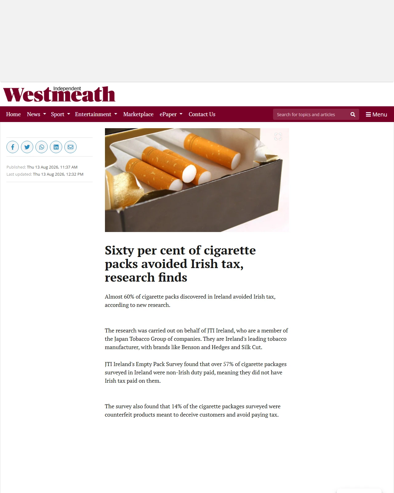 westmeathindependent.ie as published: Sixty per cent of cigarette packs avoided Irish tax, research finds