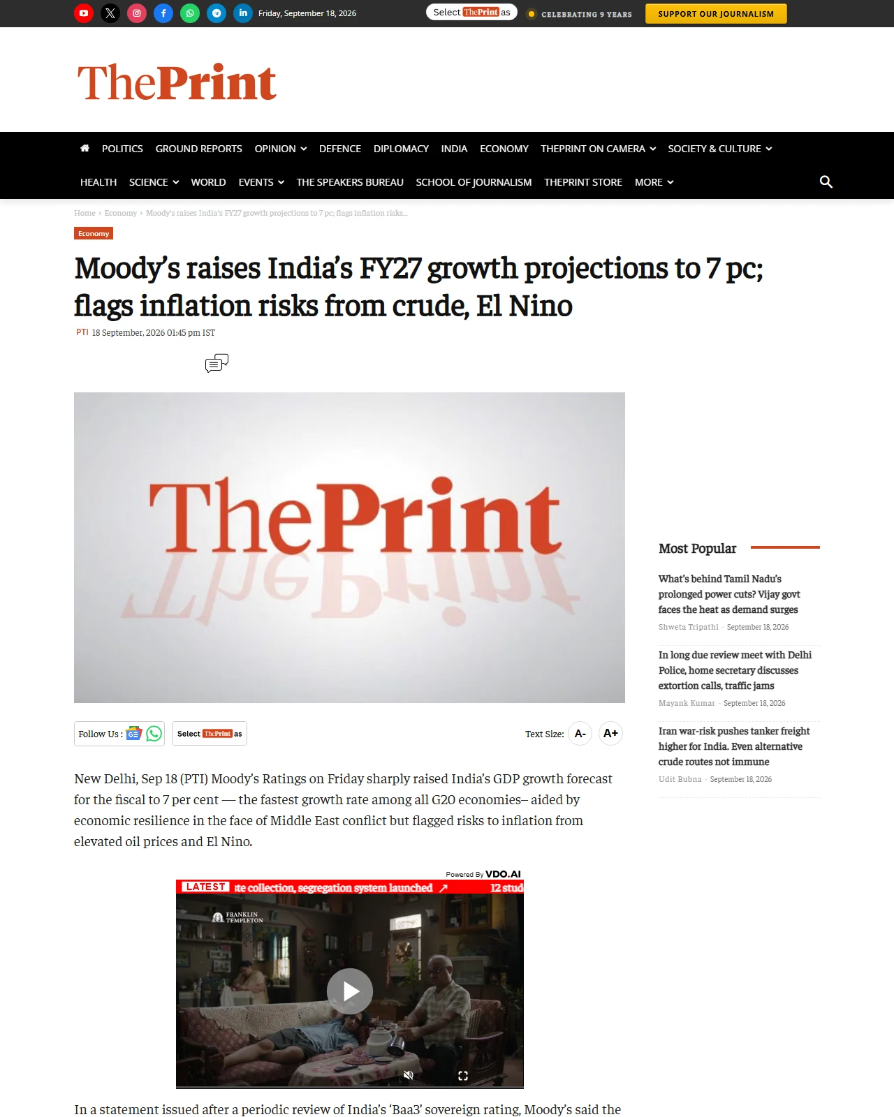 theprint.in as published: Moody’s raises India’s FY27 growth projections to 7 pc; flags inflation risks from crude, El Nino