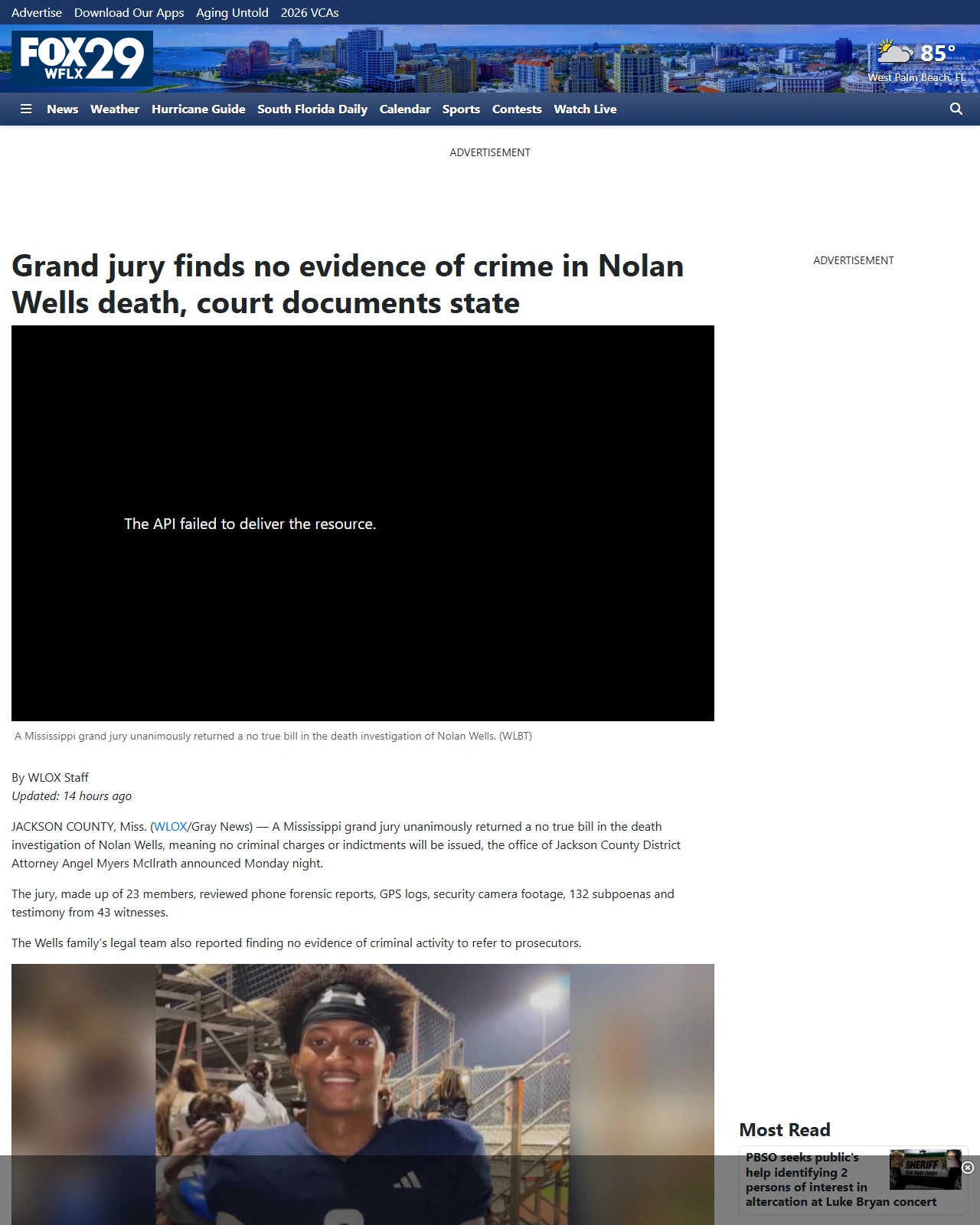 wflx.com as published: Grand jury finds no evidence of crime in Nolan Wells death, court documents state