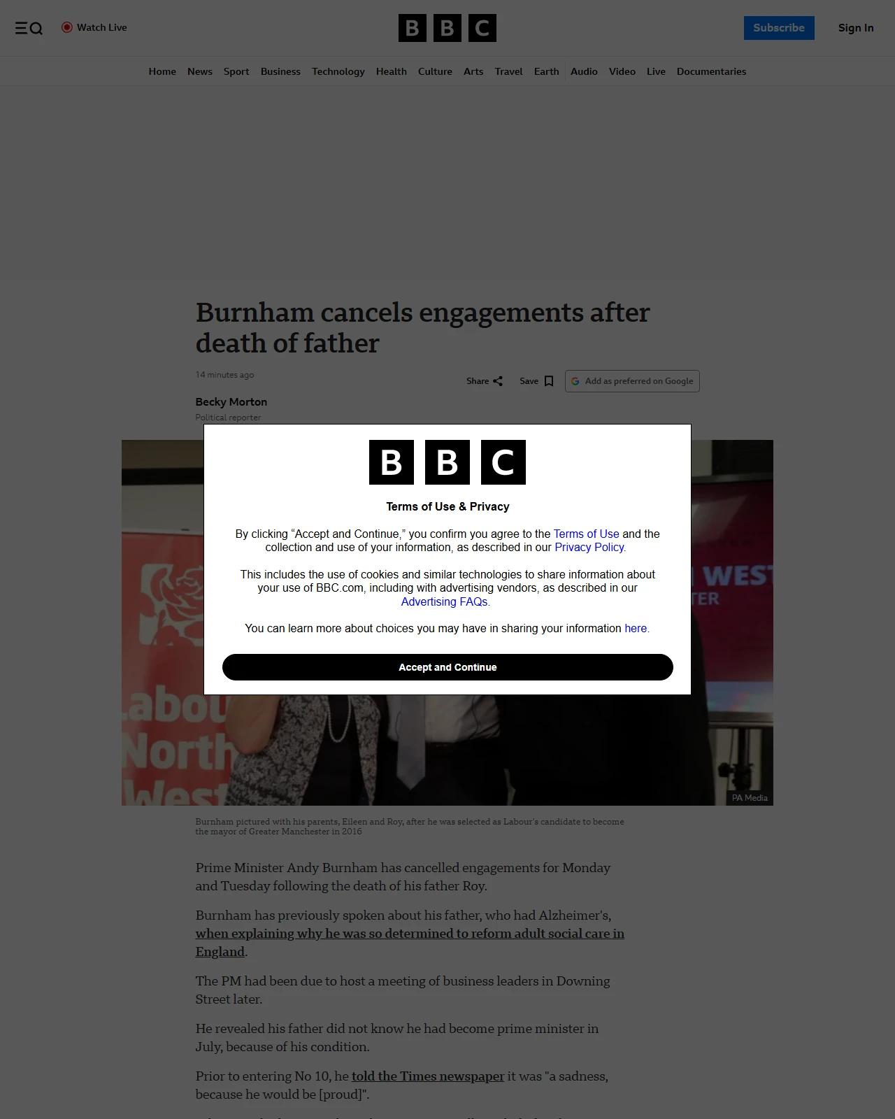 bbc.co.uk as published: Burnham cancels engagements after death of father
