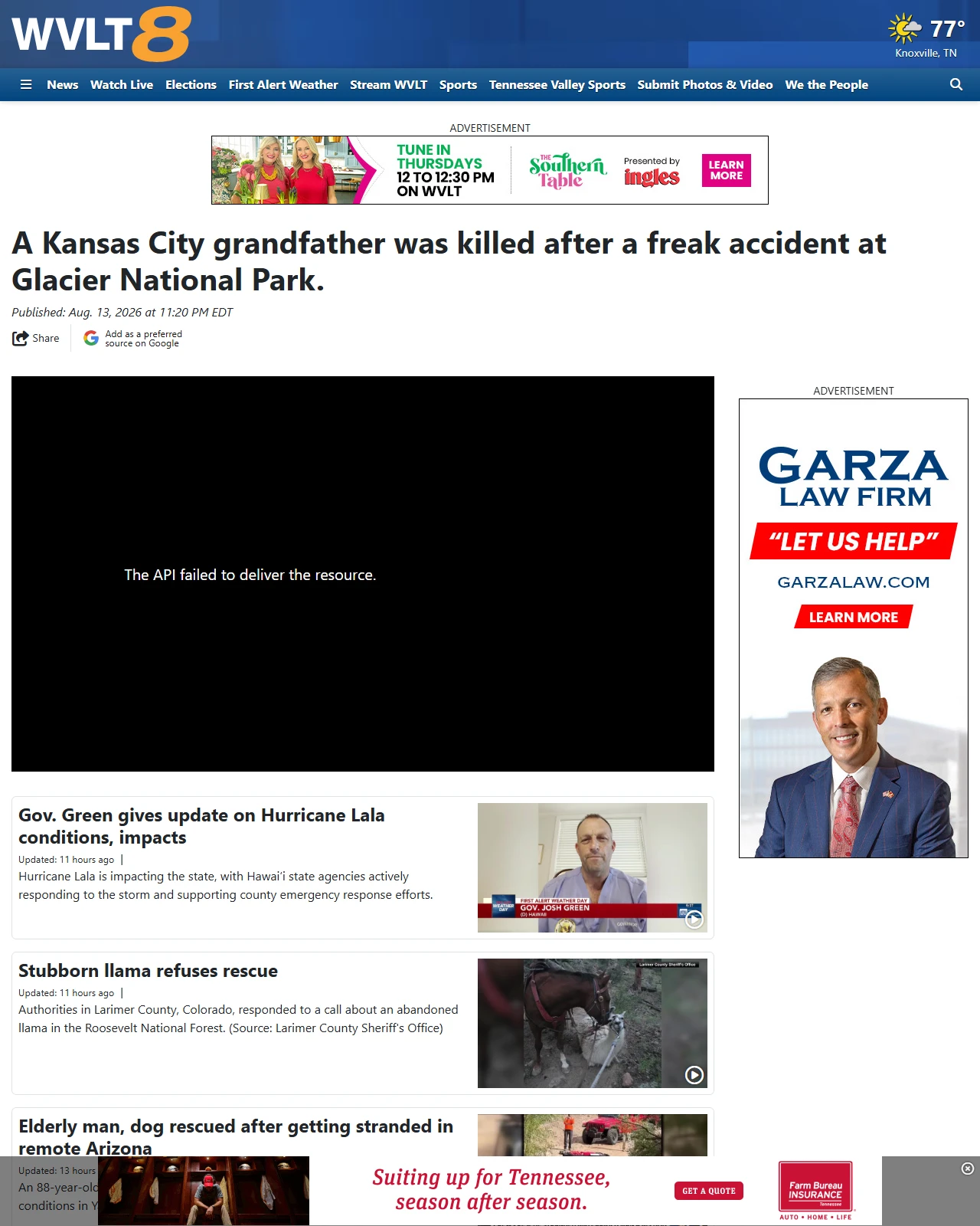 wvlt.tv as published: A Kansas City grandfather was killed after a freak accident at Glacier National Park.