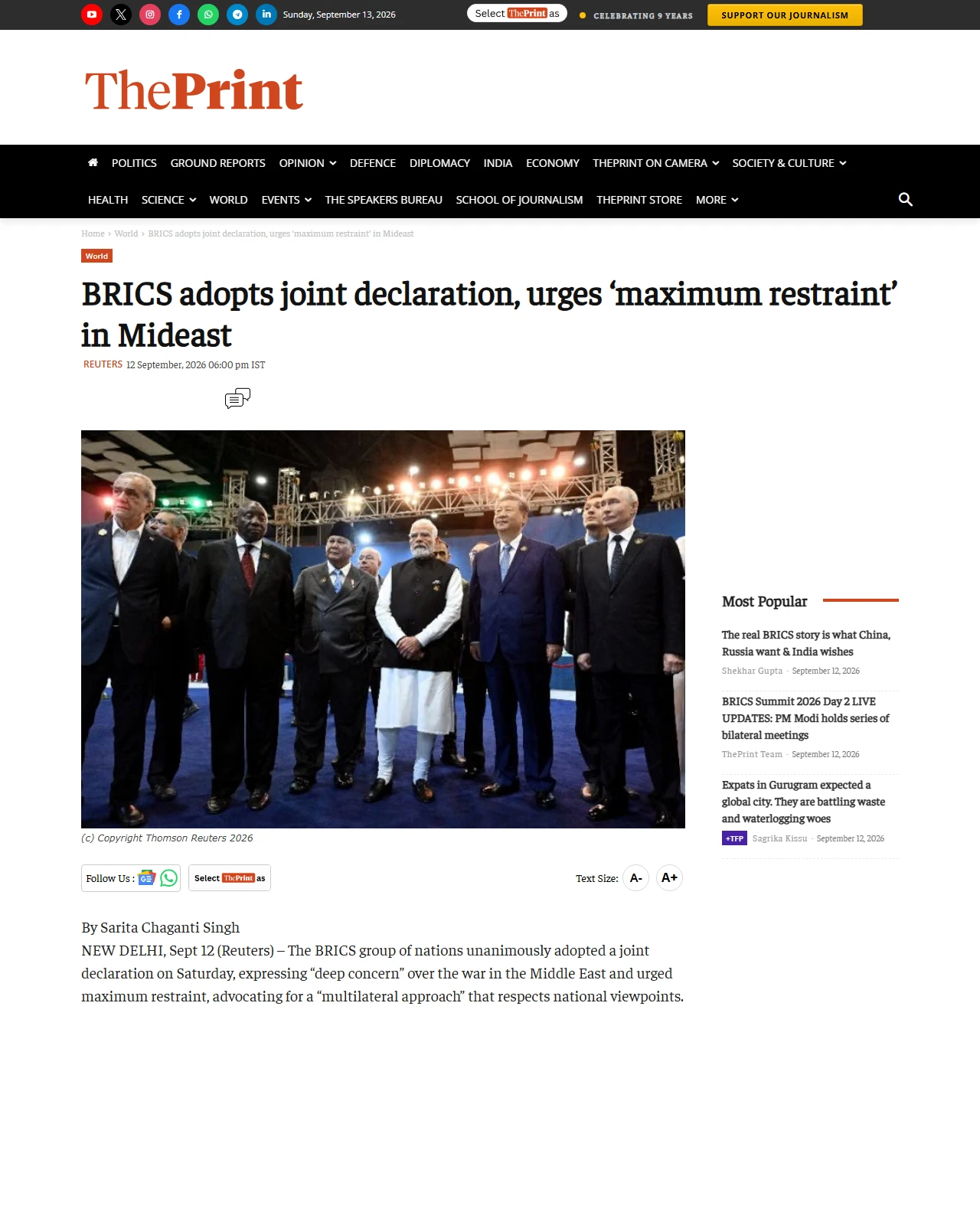 theprint.in as published: BRICS adopts joint declaration, urges ‘maximum restraint’ in Mideast