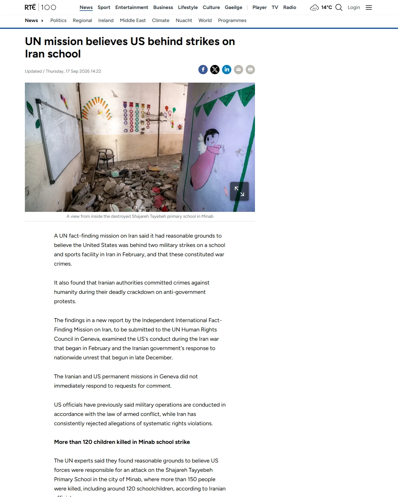 rte.ie as published: UN mission believes US behind strikes on Iran school