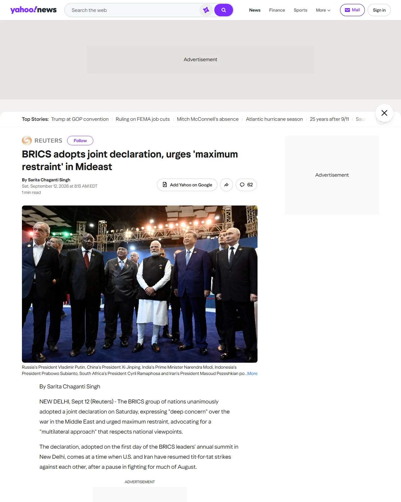yahoo.com as published: BRICS adopts joint declaration, urges 'maximum restraint' in Mideast