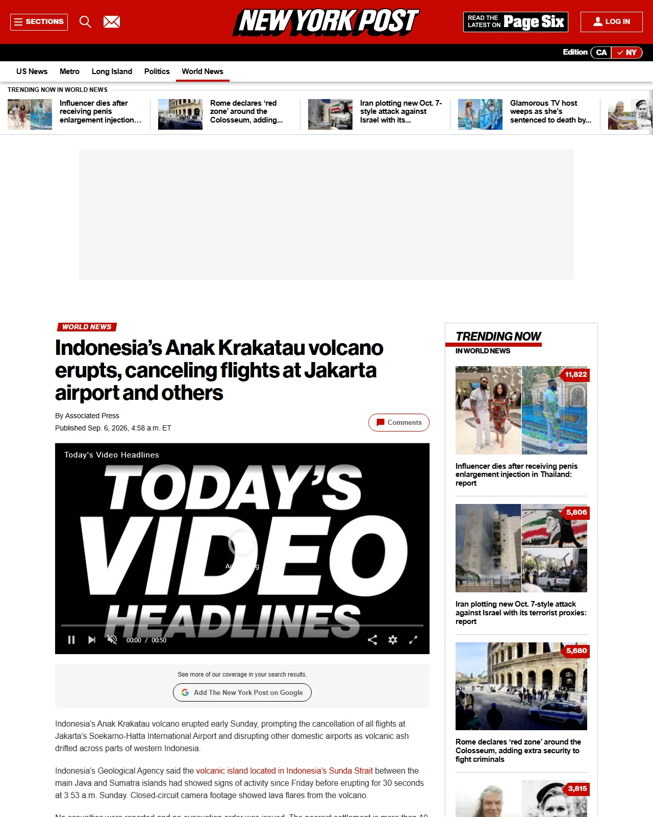 nypost.com as published: Indonesia’s Anak Krakatau volcano erupts, canceling flights at Jakarta airport and others