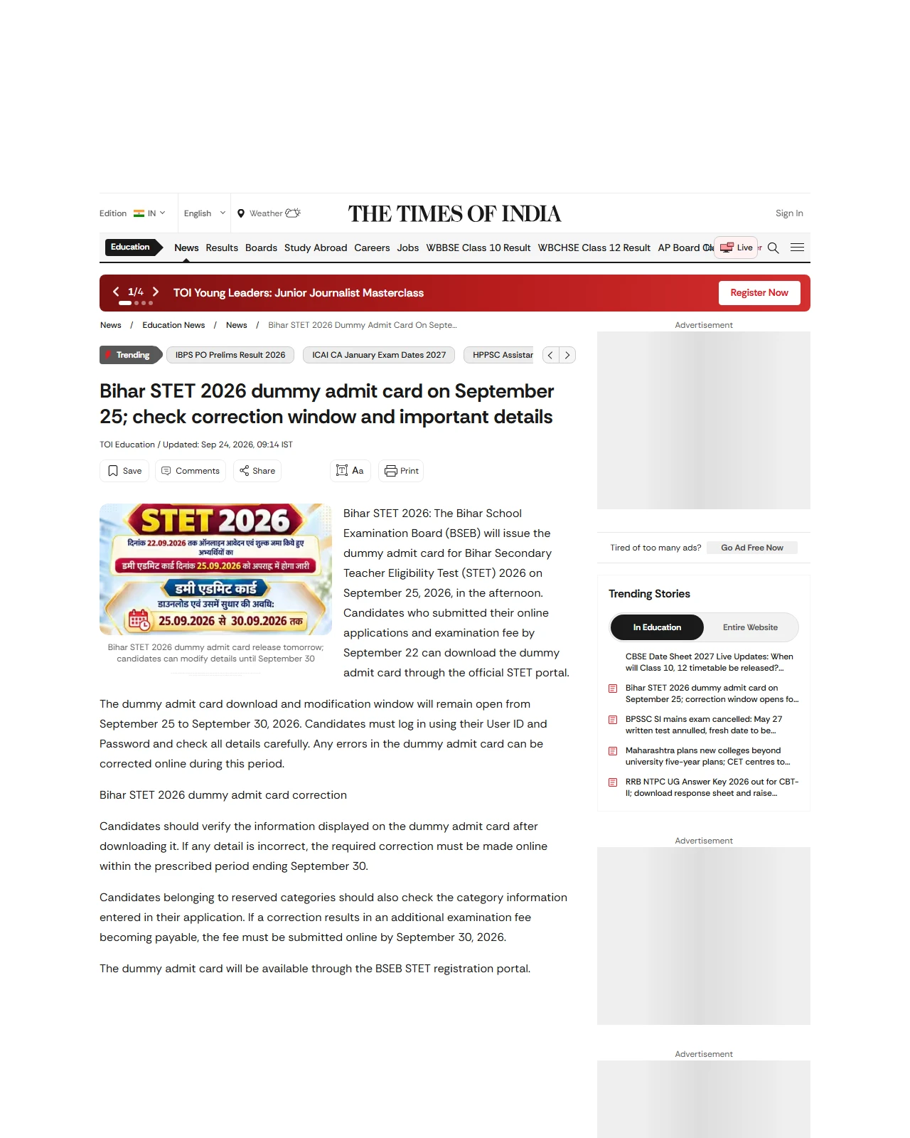 timesofindia.indiatimes.com as published: Bihar STET 2026 dummy admit card on September 25; check correction window and important details