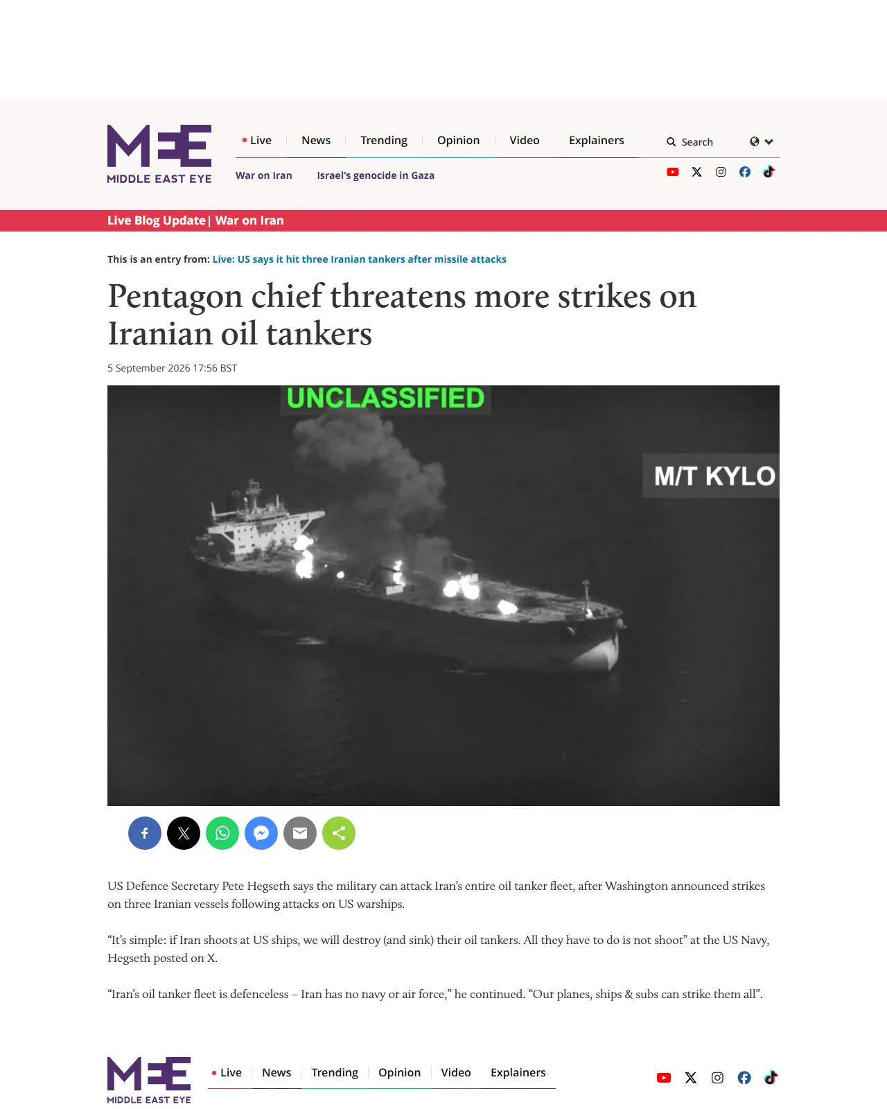 middleeasteye.net as published: Pentagon chief threatens more strikes on Iranian oil tankers