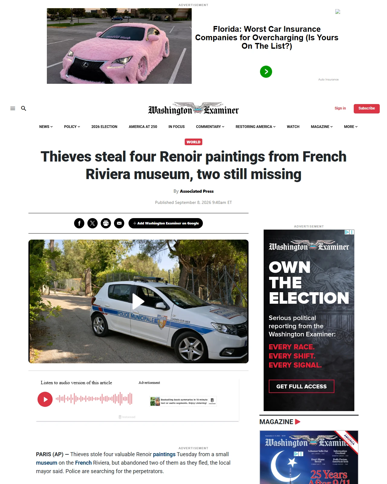 washingtonexaminer.com as published: Thieves steal four Renoir paintings from French Riviera museum, two still missing