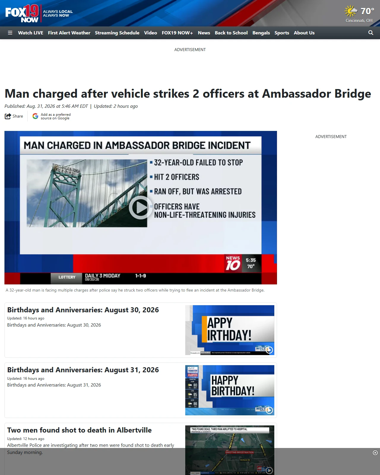 fox19.com as published: Man charged after vehicle strikes 2 officers at Ambassador Bridge