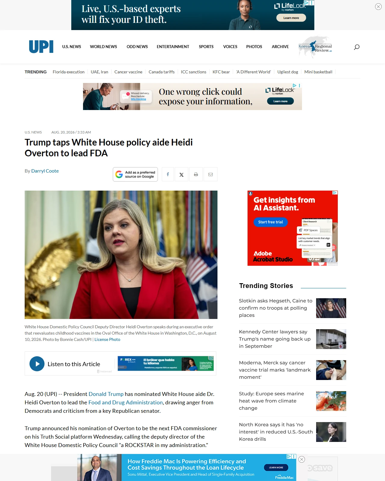 upi.com as published: Trump taps White House policy aide Heidi Overton to lead FDA