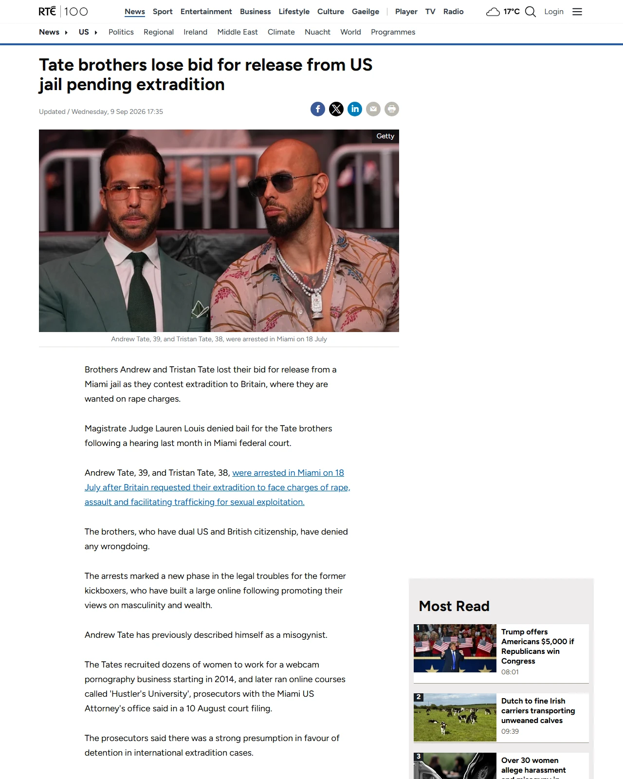 rte.ie as published: Tate brothers lose bid for release from US jail