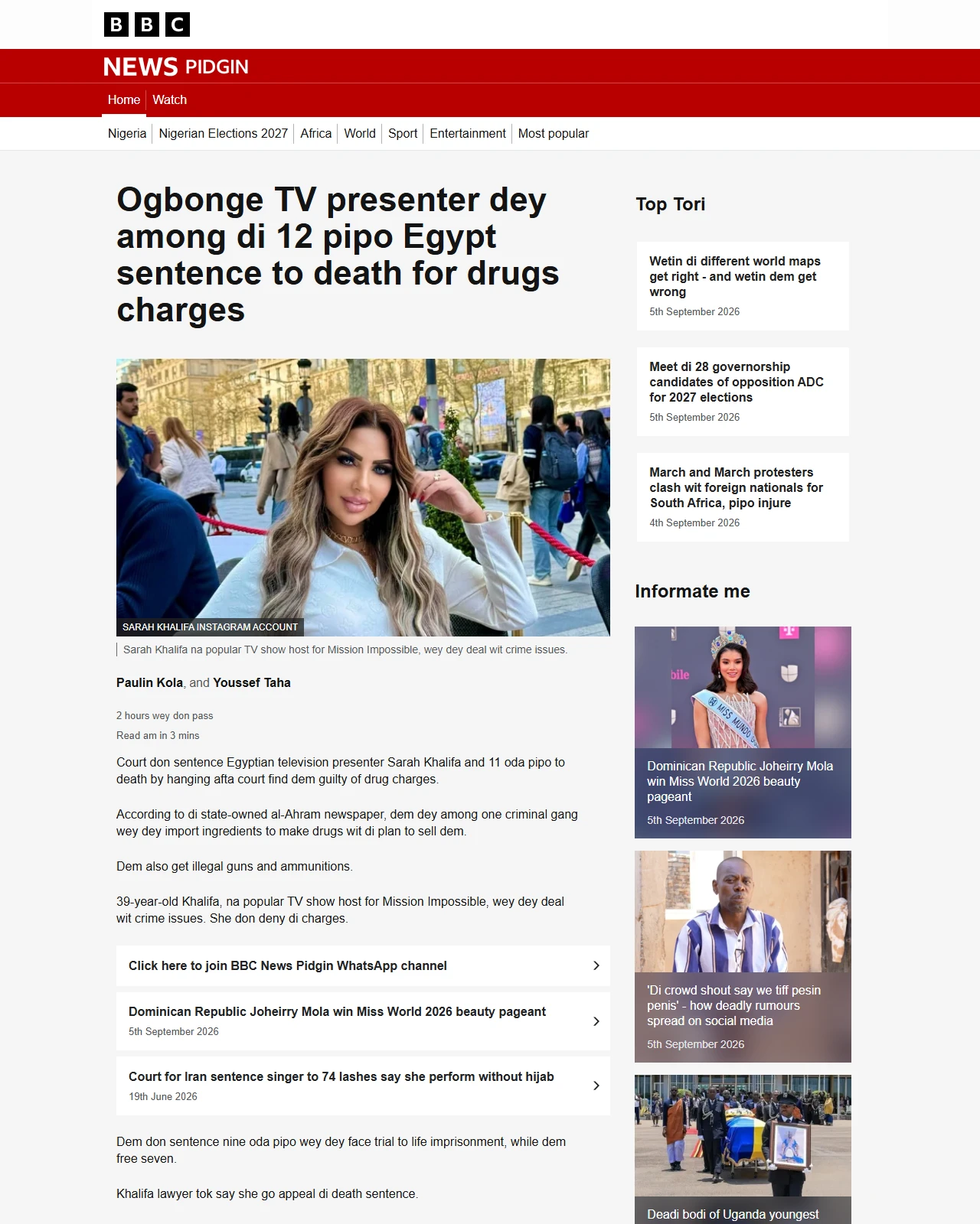 bbc.com as published: Sarah Khalifa sentenced to death: Egypt sentence popular TV presenter and 11 odas to death for drugs charges