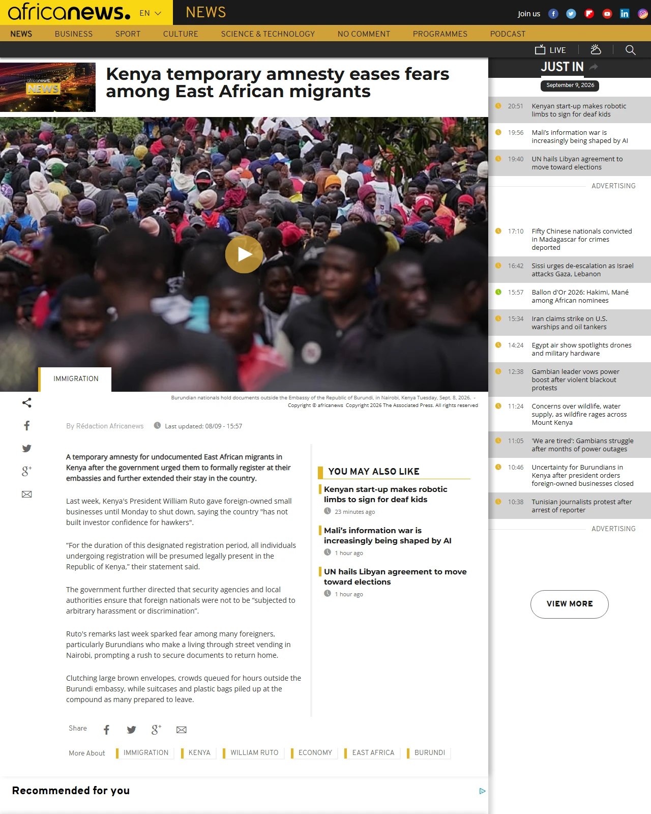 africanews.com as published: Kenya temporary amnesty eases fears among East African migrants