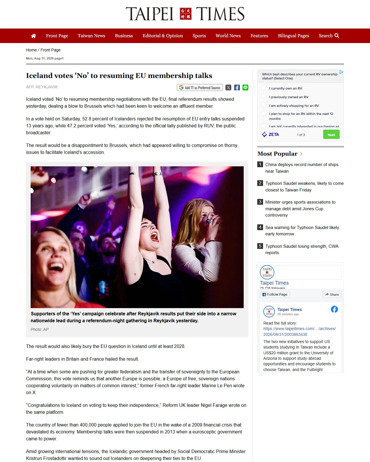taipeitimes.com as published: Iceland votes ‘No’ to resuming EU membership talks