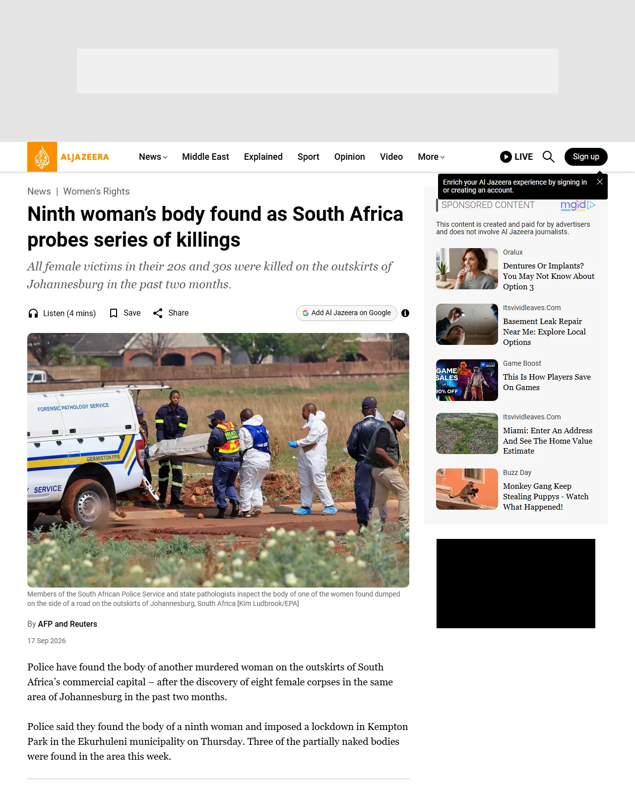 aljazeera.com as published: Ninth woman’s body found as South Africa probes series of killings