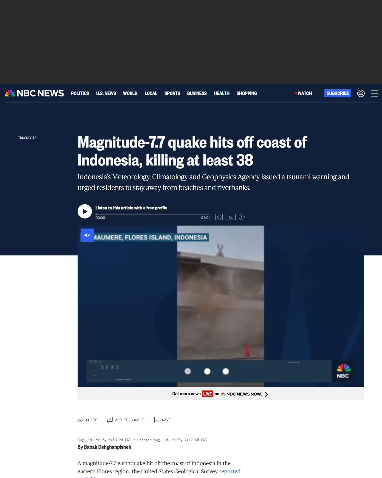 nbcnews.com as published: Magnitude-7.7 quake hits off coast of Indonesia, killing at least 38