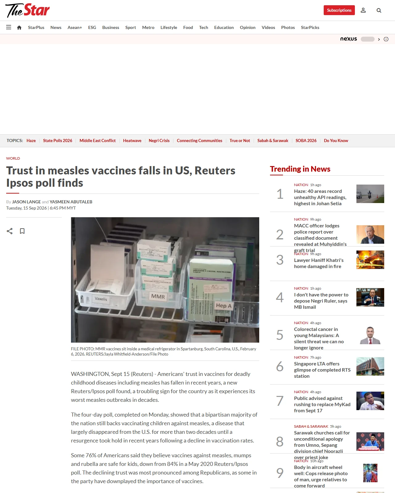 thestar.com.my as published: Trust in measles vaccines falls in US, Reuters Ipsos poll finds