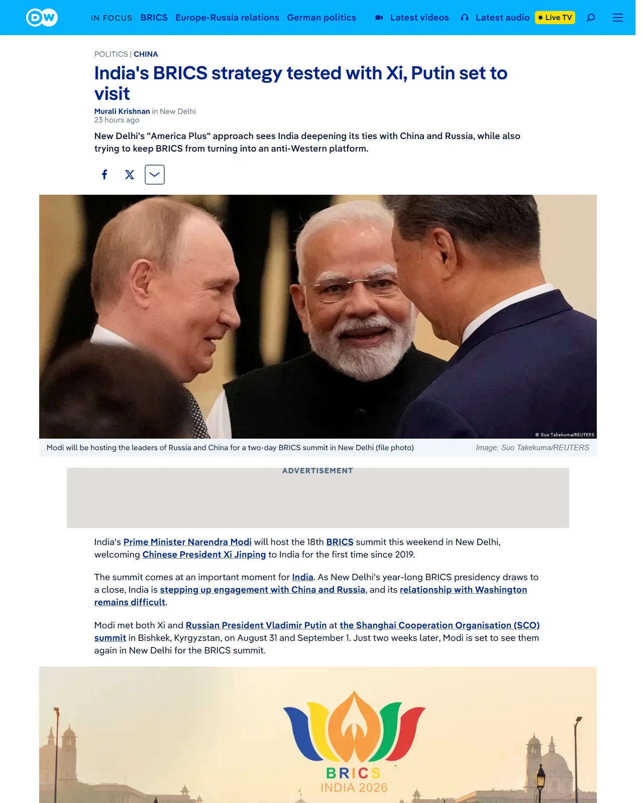 dw.com as published: India's BRICS strategy tested with Xi, Putin set to visit