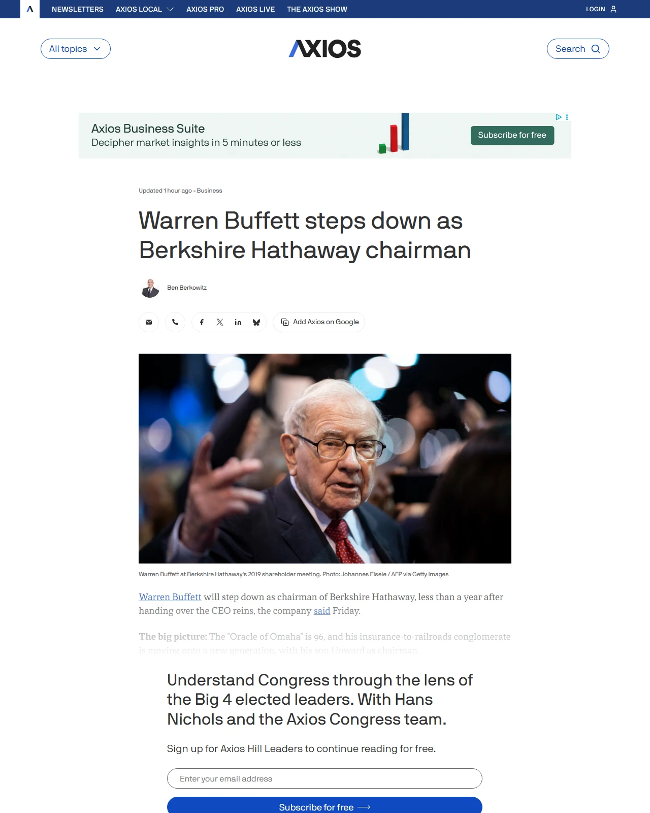 axios.com as published: Warren Buffett steps down as Berkshire Hathaway chairman