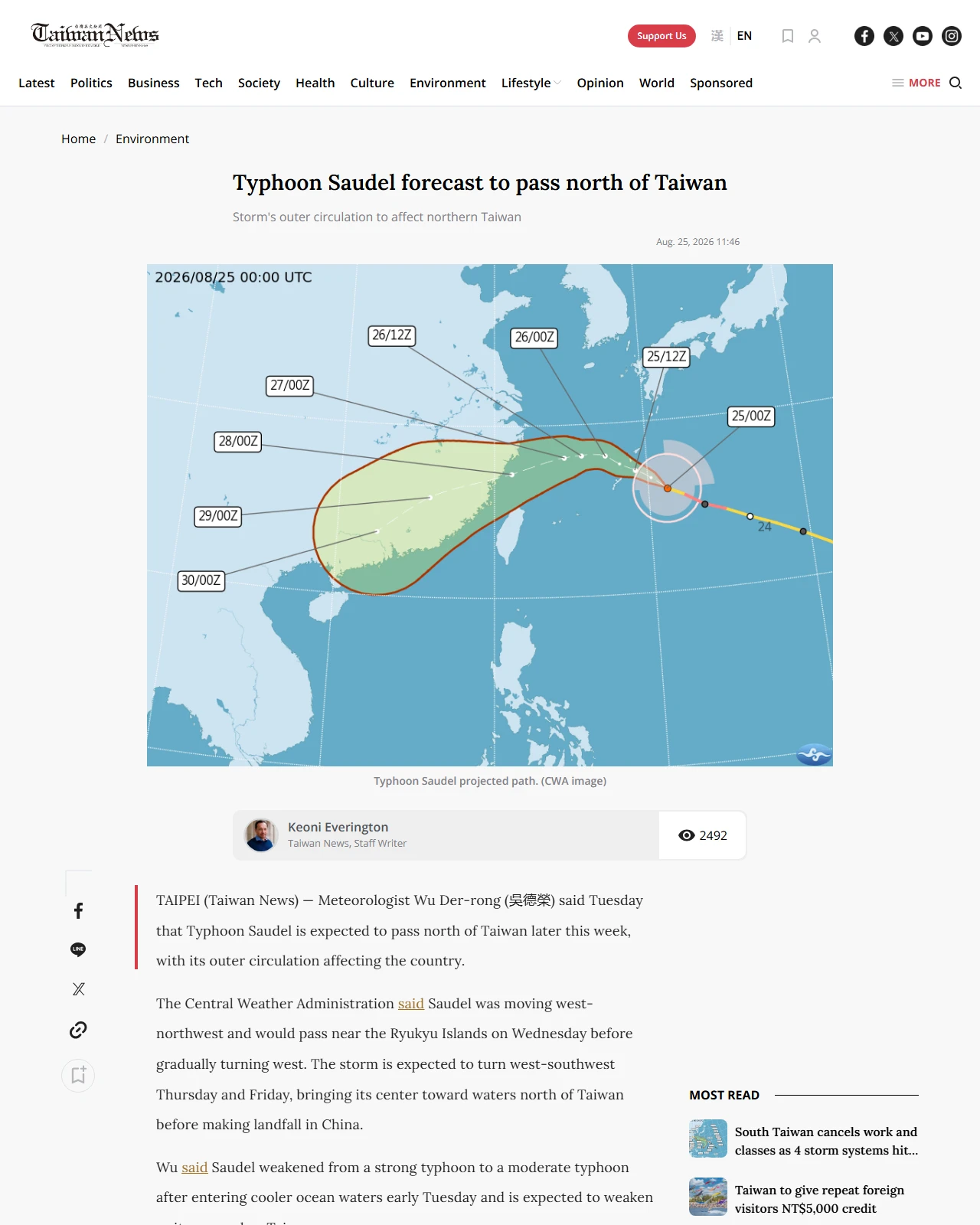 taiwannews.com.tw as published: Typhoon Saudel forecast to pass north of Taiwan