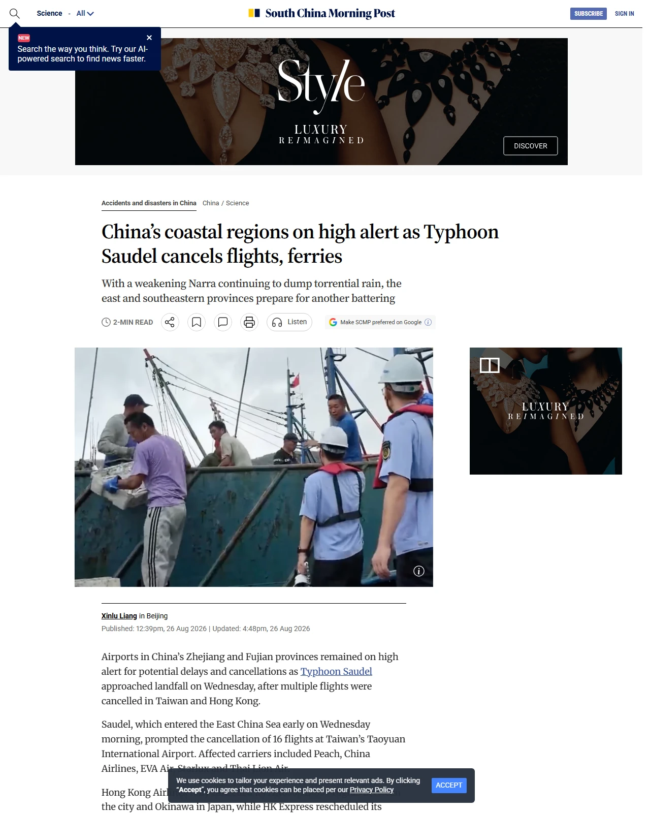 scmp.com as published: China’s coastal regions on high alert as Typhoon Saudel cancels flights, ferries
