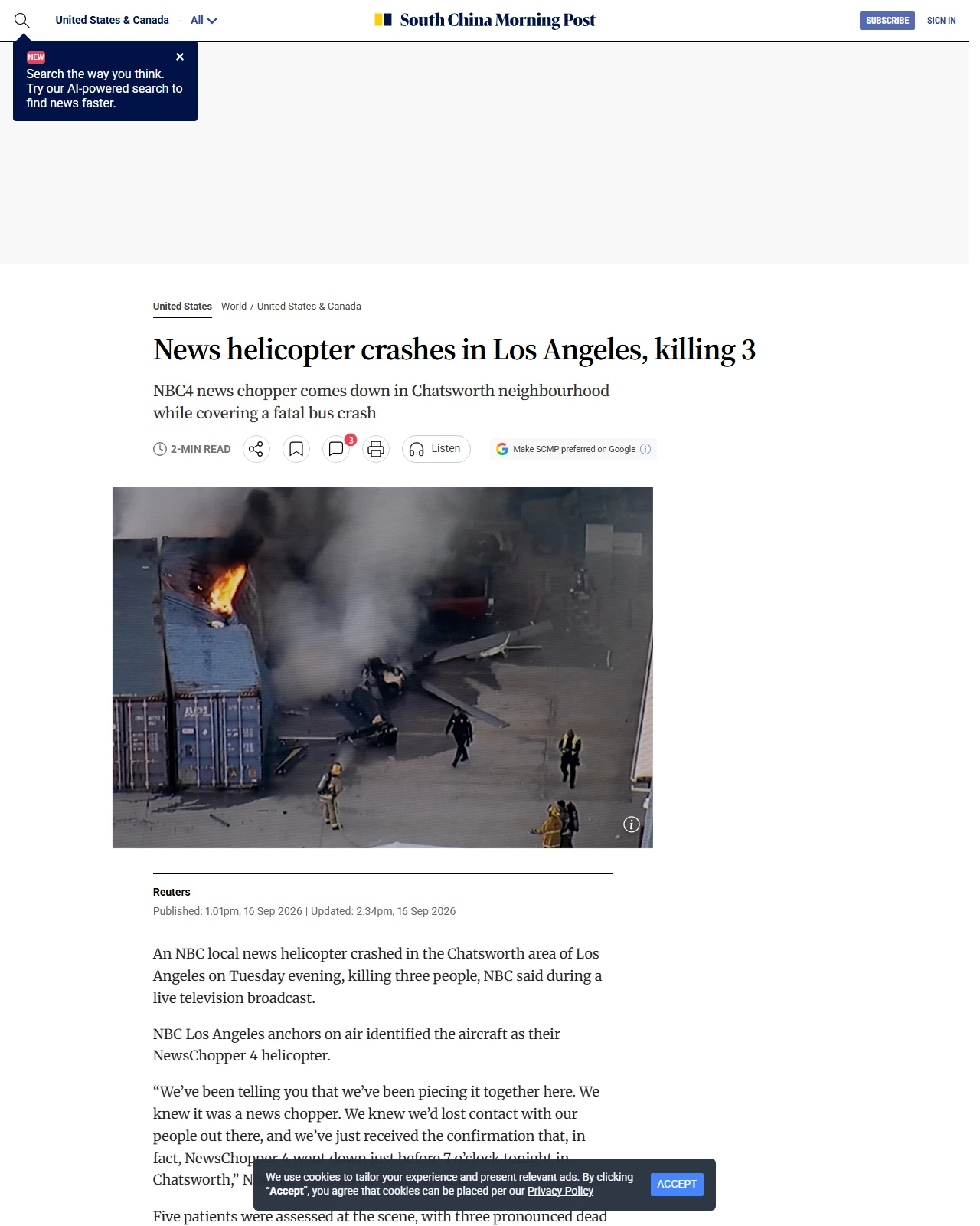 scmp.com as published: News helicopter crashes in Los Angeles, killing 3