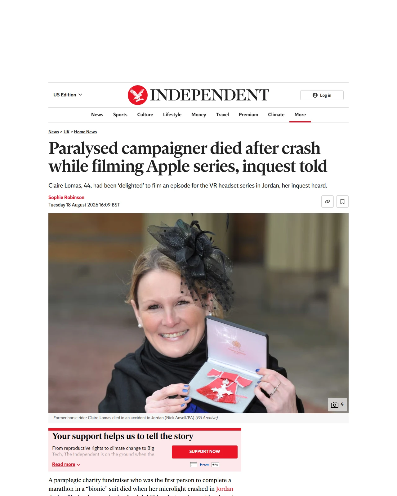 independent.co.uk as published: Paralysed campaigner died after crash while filming Apple series, inquest told