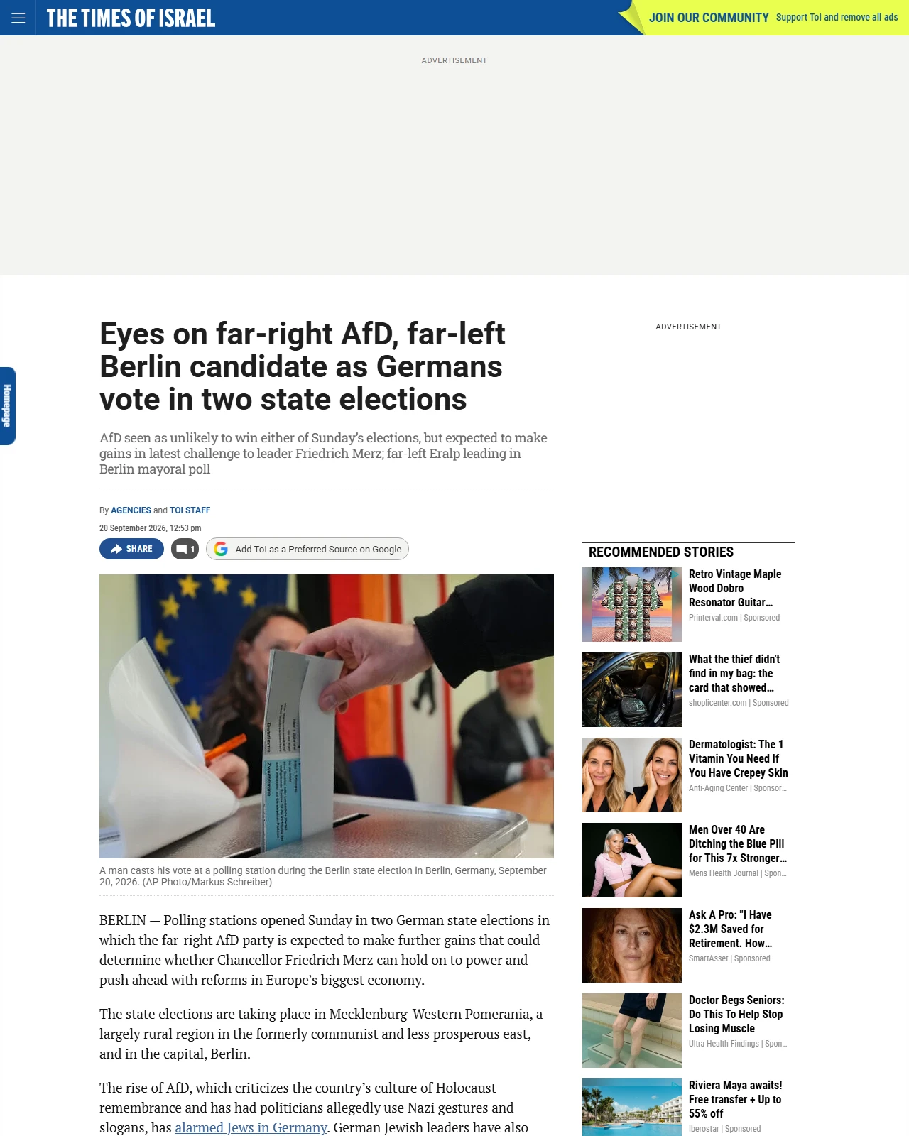timesofisrael.com as published: Eyes on far-right AfD, far-left Berlin candidate as Germans vote in two state elections